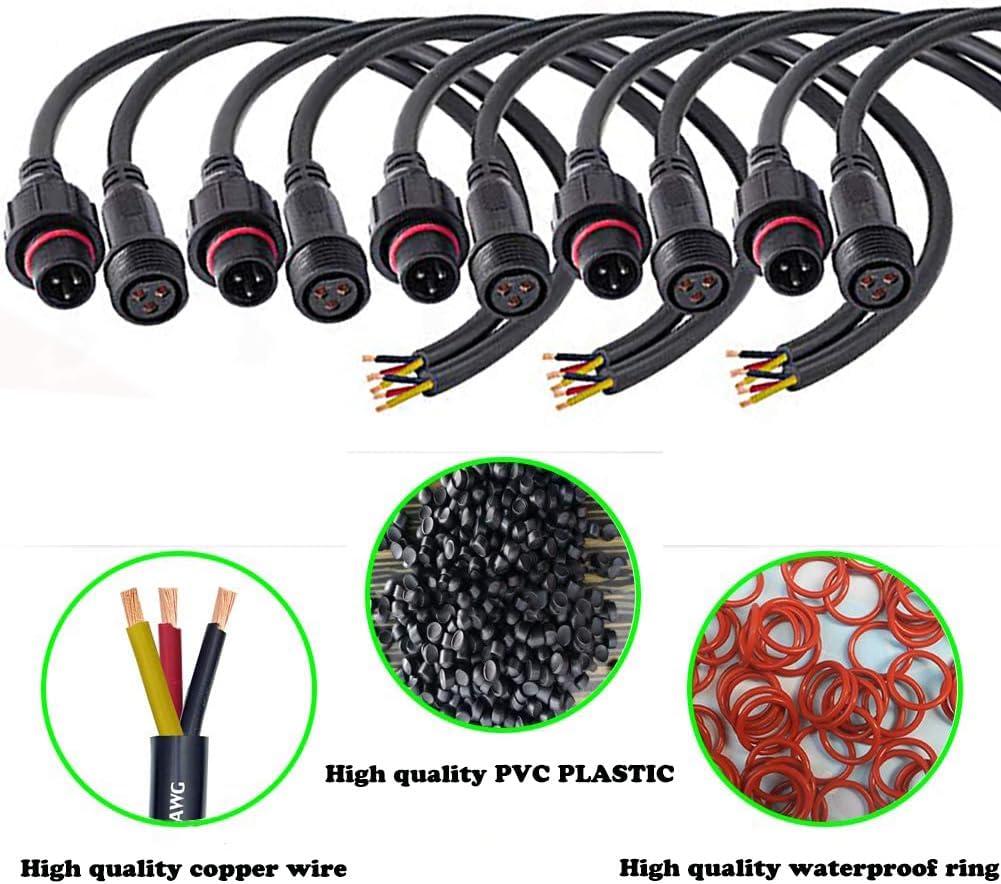 3wire Waterproof Connector, 3Pin Male Female Plug LED Connector with 16 AWG IP68 20CM Extension Cable for Car, Boat,Truck,Indoor/Outdoor LED Strip Lights.(3Pin 5Pairs)