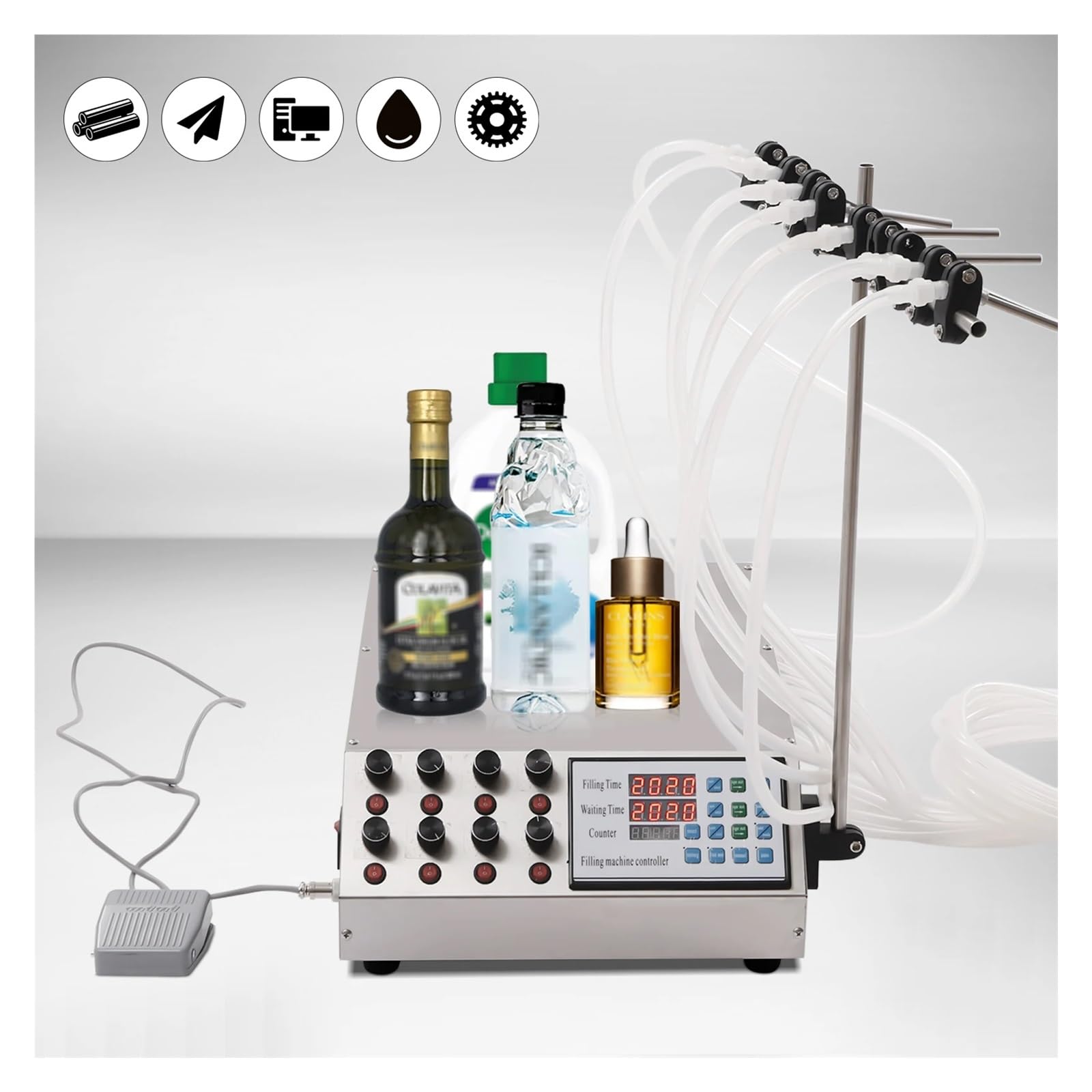 8-głowicowa elektryczna półautomatyczna maszyna do napełniania płynem LCD, 5-5000 ml, napełniarka do butelek perfum ze stali nierdzewnej