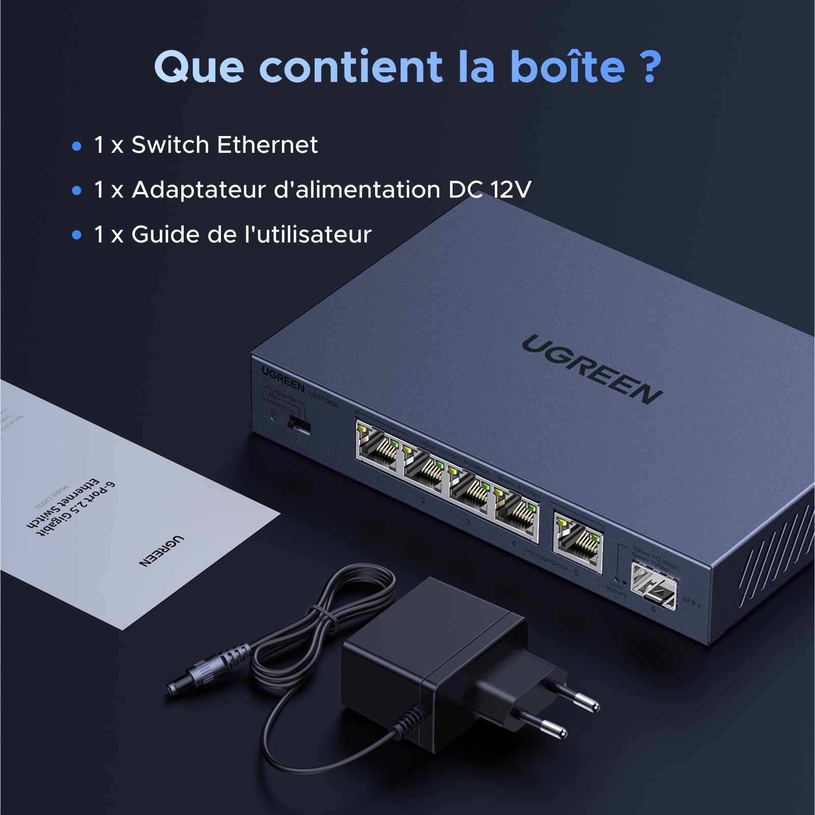 UGREEN Switch Ethernet 6 Ports 2.5G 1 Port SFP+ 10G RJ45 Métal Non Géré 4KV Montage Mural