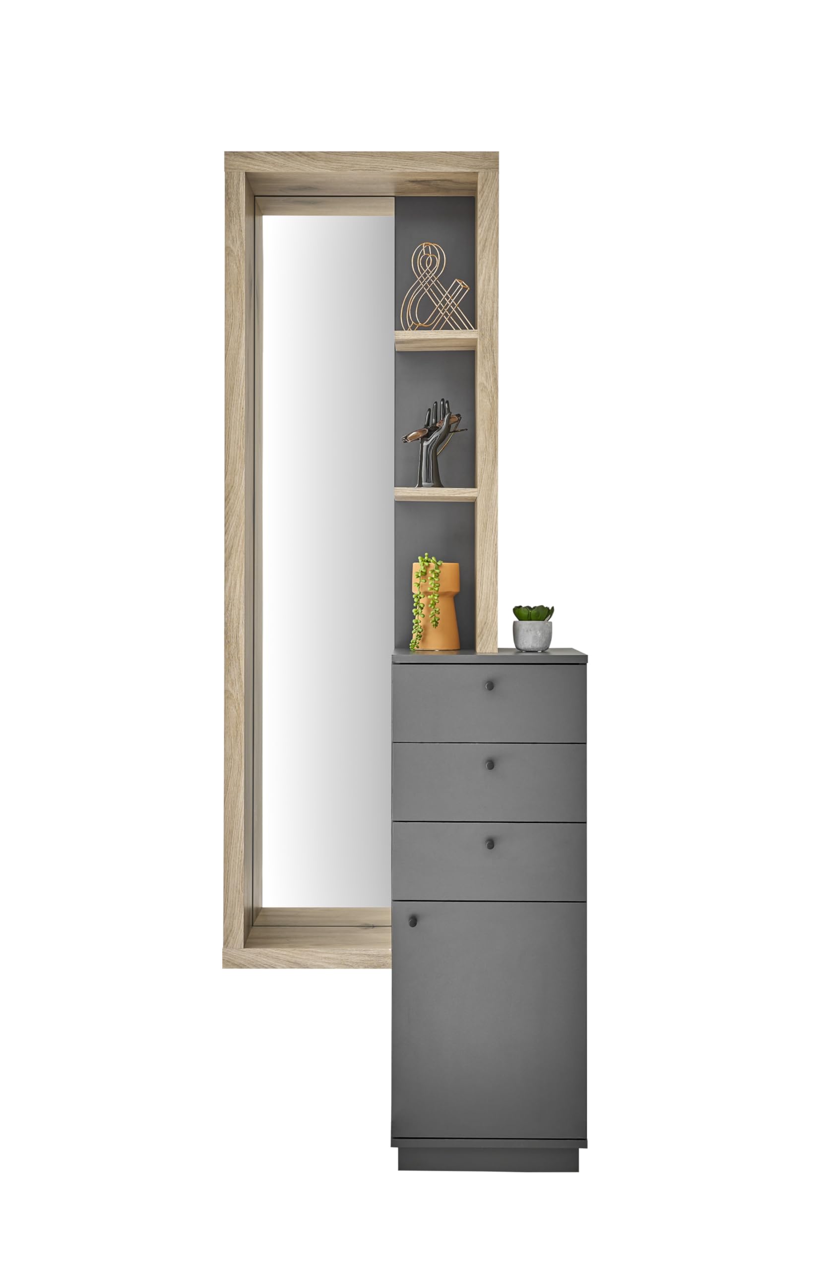 Stella Trading FRAME Porte-manteau mural Ensemble de vestiaires d'entrée en aspect Viking Oak, anthracite-Portemanteau moderne avec miroir pour votre entrée, 72 x 200 x 35 cm (L/H/P)
