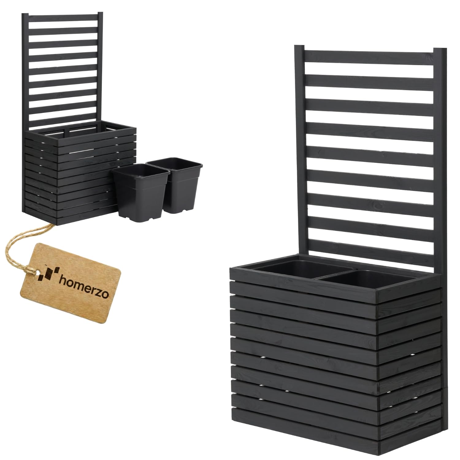 Pflanzkübel mit Rankgitter Spalier mit Pflanzkasten Blumenkasten aus Holz für Garten Balkon Terrasse Hochbeet mit 18L Kunststoff-Pflanzeneinsatz (horizontal-anthrazit, 67x36x55 H130)