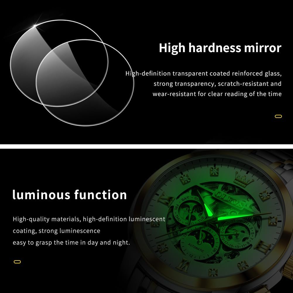 OUPINKE Men's Automatic Luxury Skeleton Watch with Diamonds Mechanical Self-Winding Stainless Steel Waterproof Moon Phase & Luminous