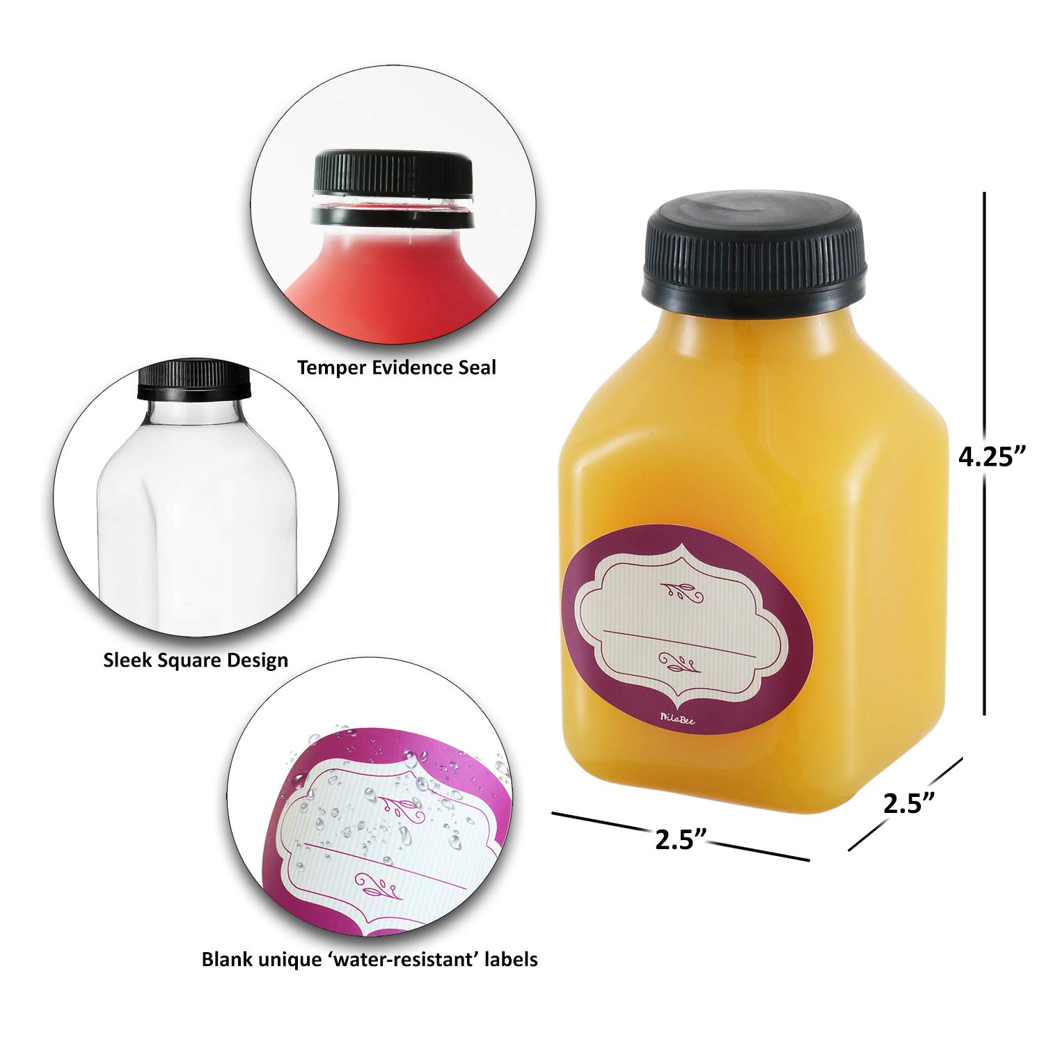 DilaBee Plastic Juice Bottles with Caps - 24 Pack - Reusable Water Bottles with Lids for Juicing, Smoothie, Milk & More - Clear Drink Containers for Fridge - 8 Oz