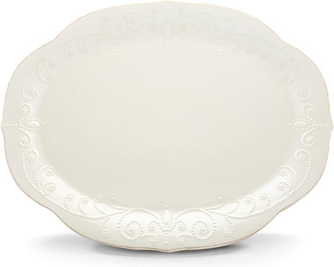 Lenox French Perle White Serving Platter, Oval Shape, 16-Inch, Stoneware, Dishwasher Safe, Turkey Platter for Thanksgiving, Winter Hosting, Christmas Serving (White, 1 Piece)