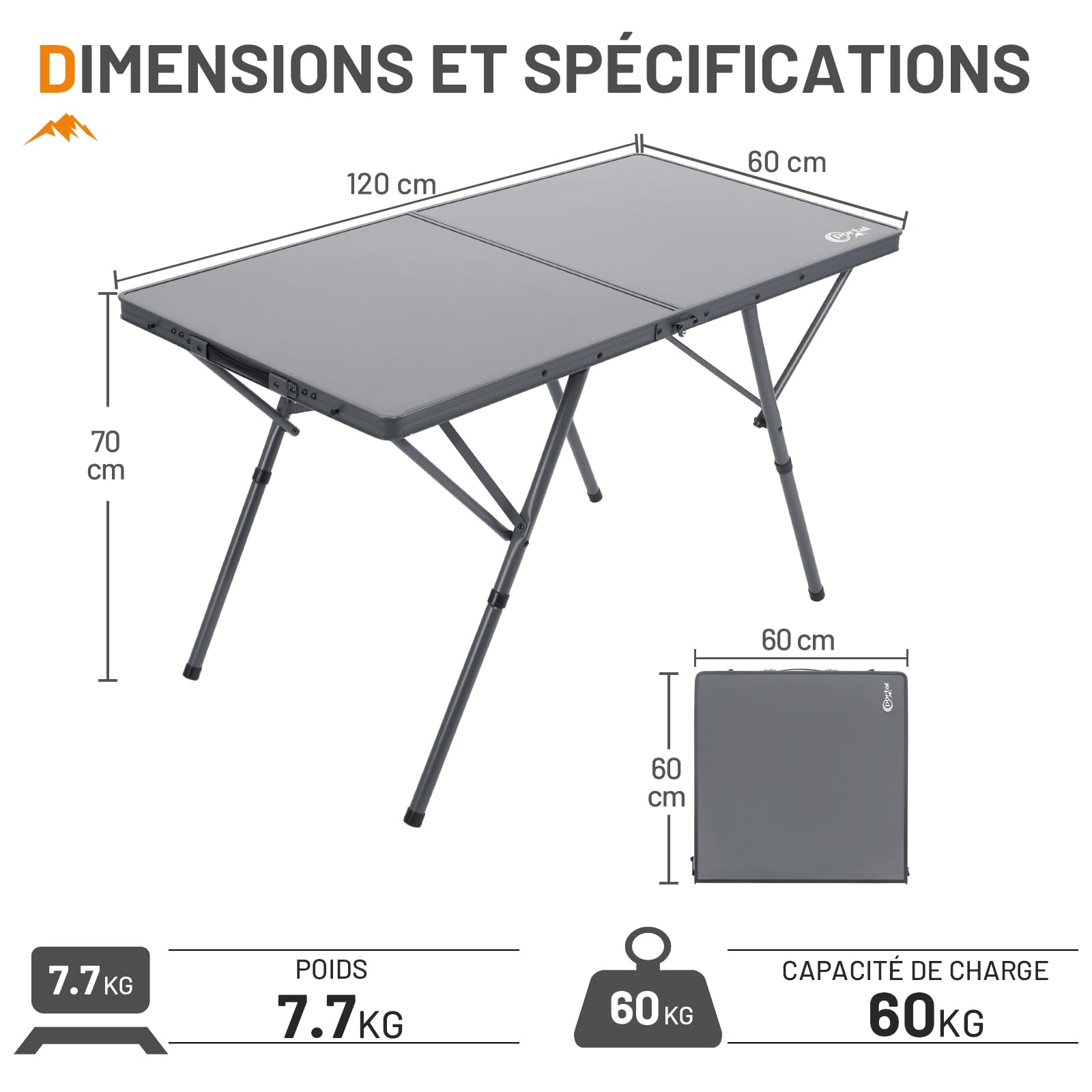 Portal Table de camping pliable - 120 x 60 cm - Extra large - En aluminium - Hauteur réglable - Pour 4 à 6 personnes - Table pliante - Idéale pour pique-nique, jardin, balcon, fête, camping-car