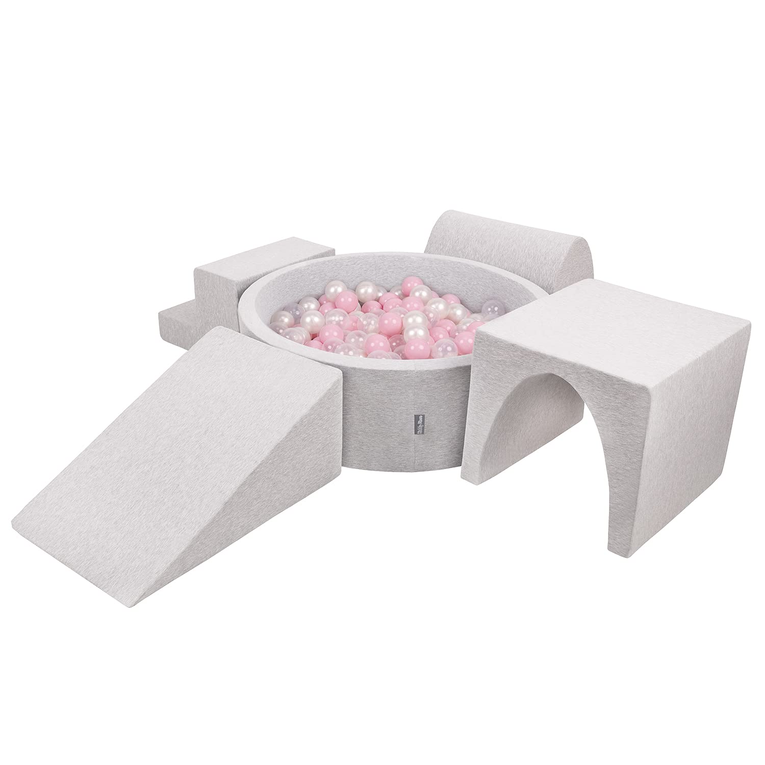 KiddyMoon Foam Playground For Kids With Round Ballpit (200 Balls) Obstacle Course, Lightgrey:Powderpink/Pearl/Transparent โ image 1
