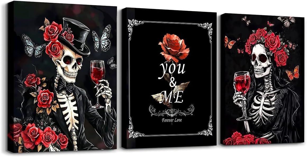 Castle Fairy Couple Skeleton Canvas Wall Decor Home Artwork,Romantic Gothic Skull Canvas Wall Art Set of 3,Rose Red Wine Wall Hangings for Kids Teens Bedroom