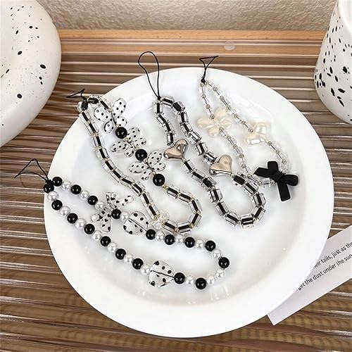 Miniatura 5 de Cordón de cadenas para teléfono móvil, cordón de corazón negro para teléfono, perla con cuentas de mariposa, acrílico, para mujeres y niñas
