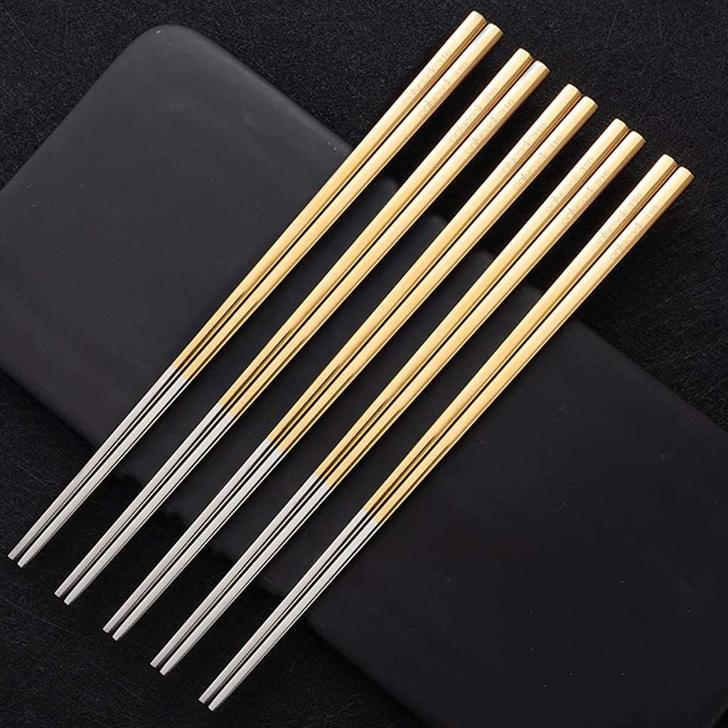 FAMMIX Palillos de acero inoxidable reutilizables, 5 pares de palitos de metal, palillos japoneses chinos coreanos, aptos para lavavajillas, juego de palillos ligeros y reutilizables para cena, color