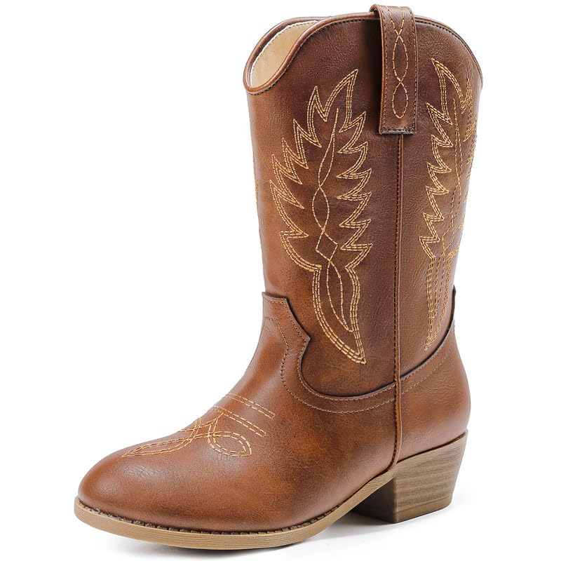 LAURMOSA Cowgirl Boots for Little Girls Mid Calf Pointed Toe Kid Cowboy Boots Side Zipper Classic Embroidered Western Boots Horse Riding Shoes Party