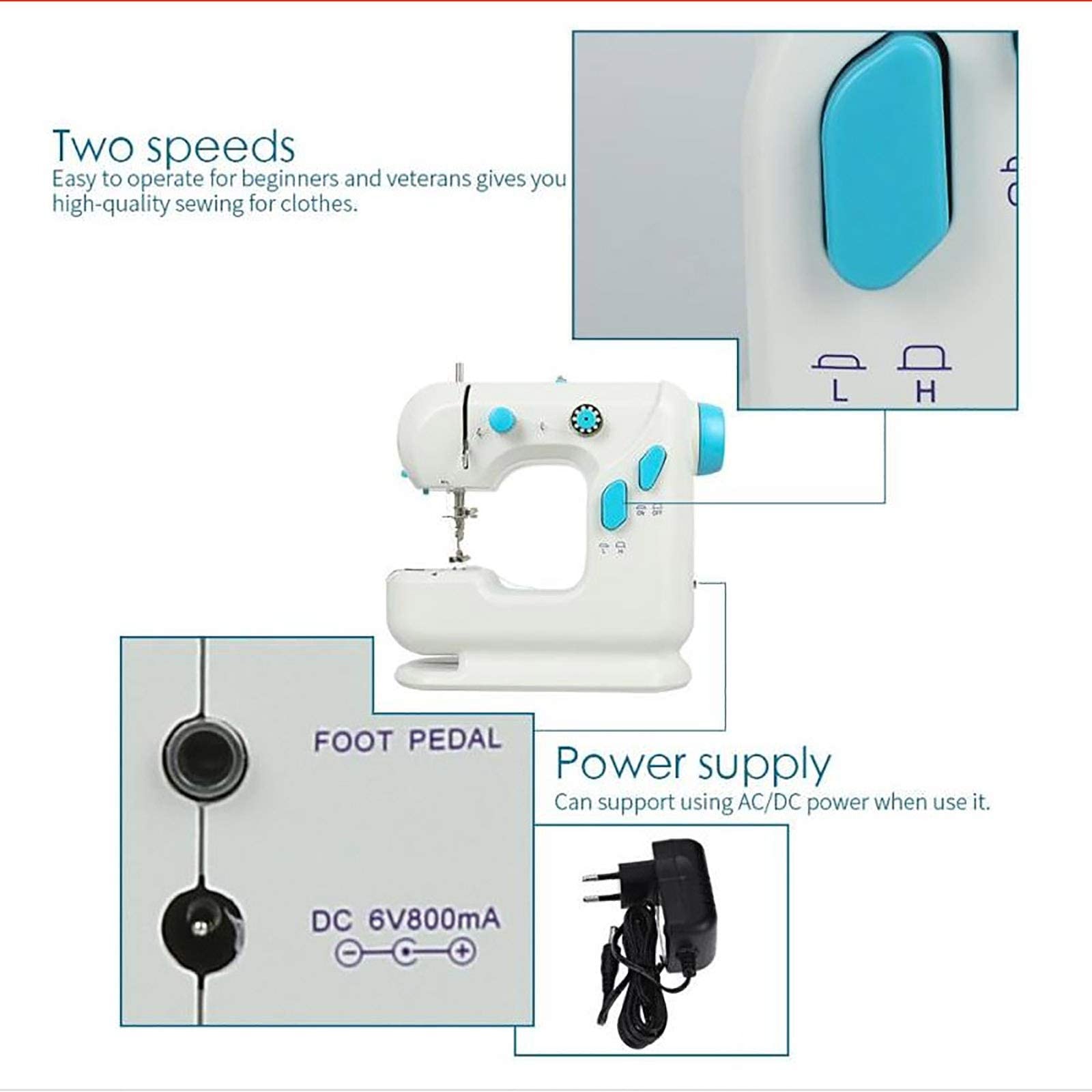 Mini máquina de Coser doméstica eléctrica Multifuncional máquina de Coser portátil Mini máquina de Coser con Mesa de expansión fácil de Usar (Blanco, 24,5 x 12,5 x 22,5 cm)