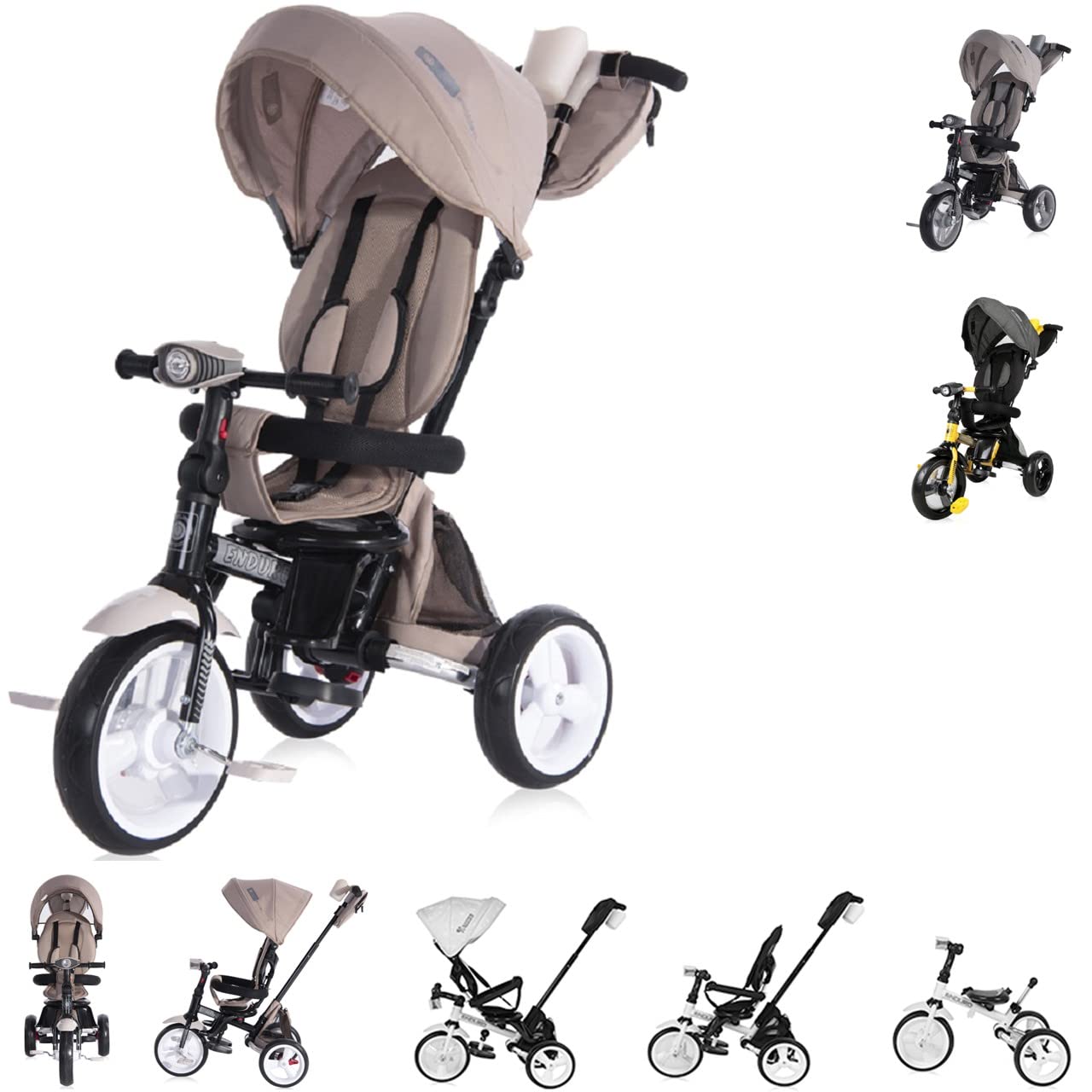 LorelliTricycle for Kids Enduro with Push Handle, Toddlers Cycle from 10 months up to 6 years, Toddler Bike, Safety Belt, 360 Rotatable, EVA Wheels, UPF50+ Canopy, Cup Holder, Toy Basket, Beige