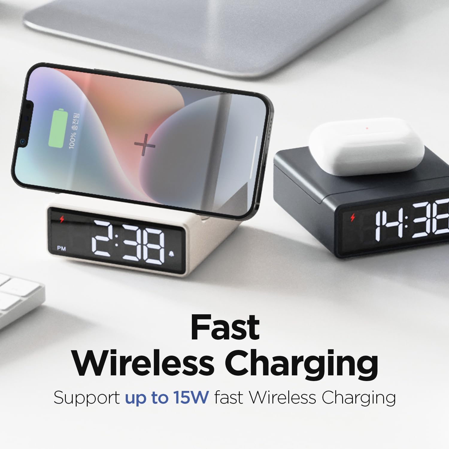 mooas Mini Square 15W Fast Wireless Charging Clock (Dark Gray), Digital Alarm Clock, 3-Level Brightness, 12/24H Mode, Wireless Charging pad, Compatible with iPhone, Samsung, LG, AirPods, Galaxy Buds