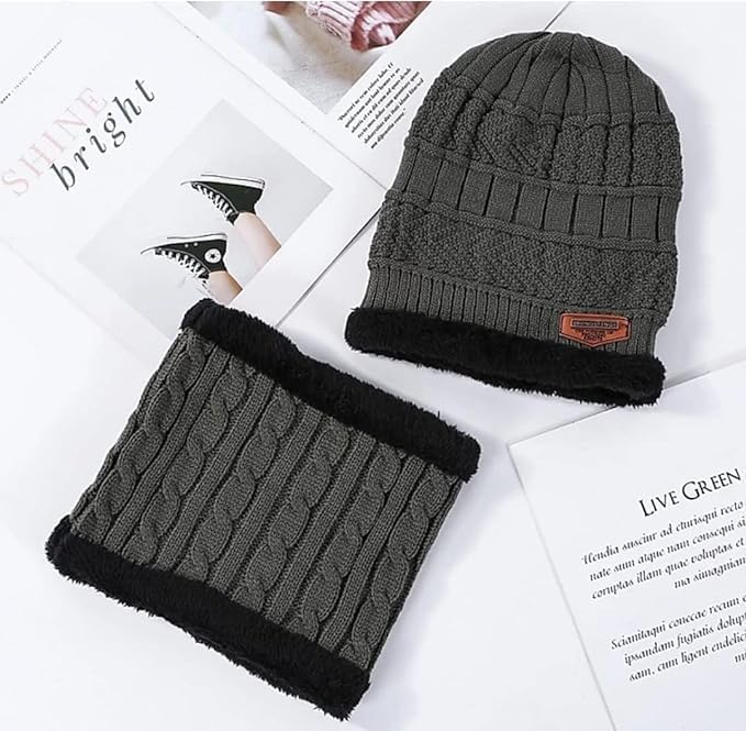 Buy for Happiness Latest Stylish Winter Woolen Beanie Cap Scarf (Fur Inside) and Woolen Gloves & Shock Set for Men and Women Stretch Warm Winter Cap 4 61L0eNOWOGL
