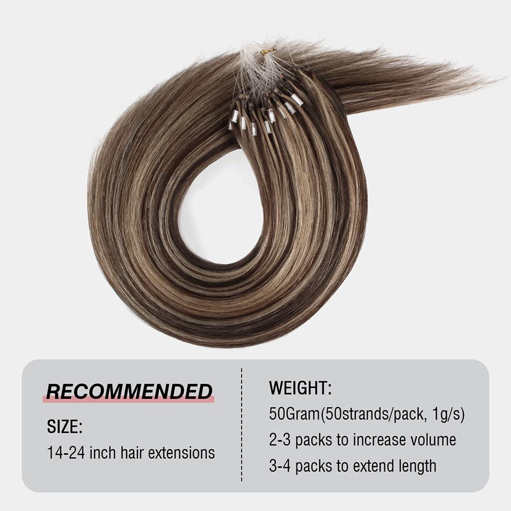 ABH AmazingBeauty Hair Micro Loop Human Hair Extensions 50g 50strands Micro Links Ring Hair Extensions Chocolate Brown with Caramel Blonde Highlights Straight Micro Ring Hair Extensions 14 Inch - Image 3