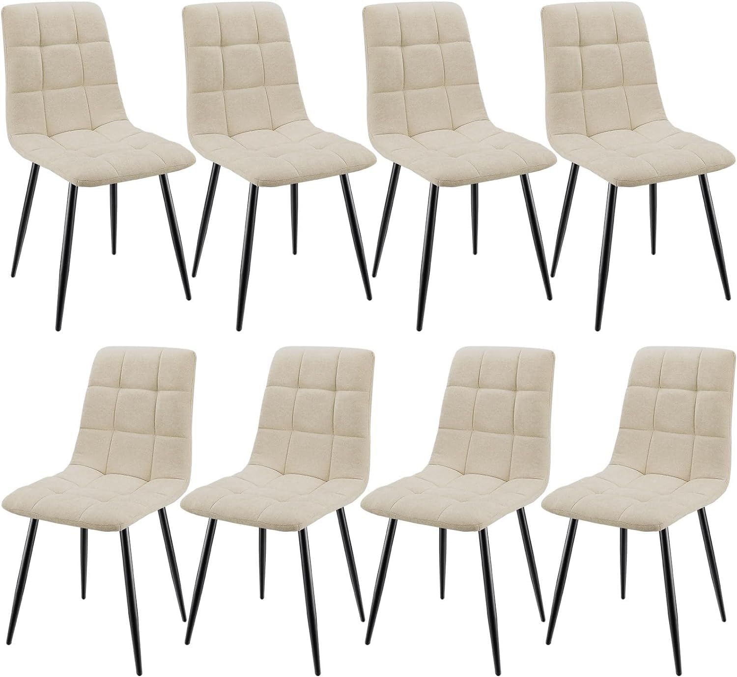 JIJIAN Set di 8 Sedie da Pranzo, Sedie Imbottite con Tessuto di Lino e Gambe in Metallo Nero, Design a Scacchi, per Sala da Pranzo, Soggiorno, Camera da Letto, Cucina, Soggiorno, Reception, Beige