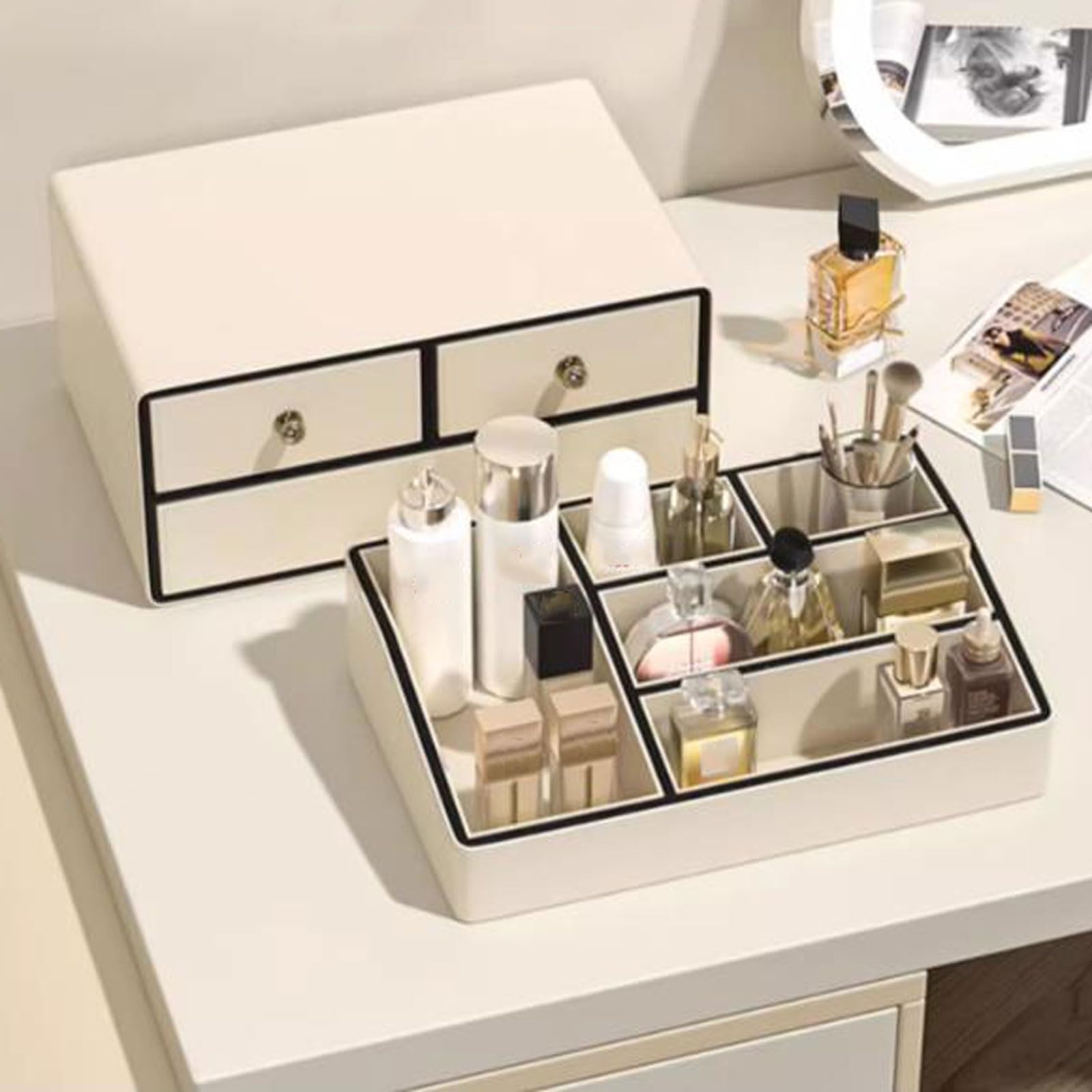 Scatola portaoggetti per cosmetici, organizer per trucco, grande contenitore per cosmetici e prodotti per la cura della pelle, organizer per scrivania, ufficio, bagno con 3 cassetti e 5 scomparti.