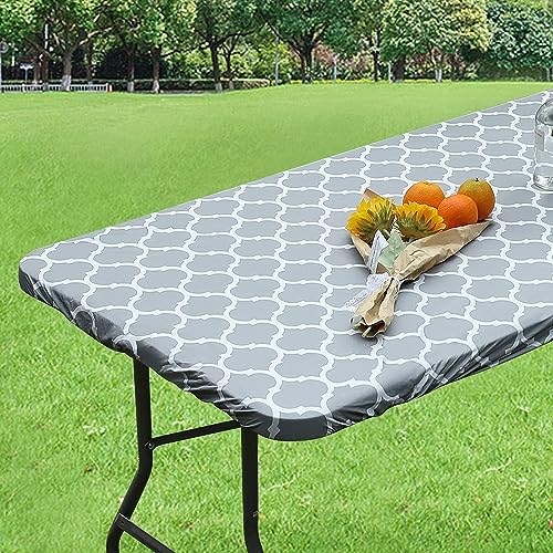 Dremisland Waterproof Rectangular Tablecloth Elastic Edged Fitted Vinyl Table Cover with Flannel Backing Wipeable Moroccan Oil-proof PVC Table Protector Cover for Dinner Picnic Party Fit 30x72in Table