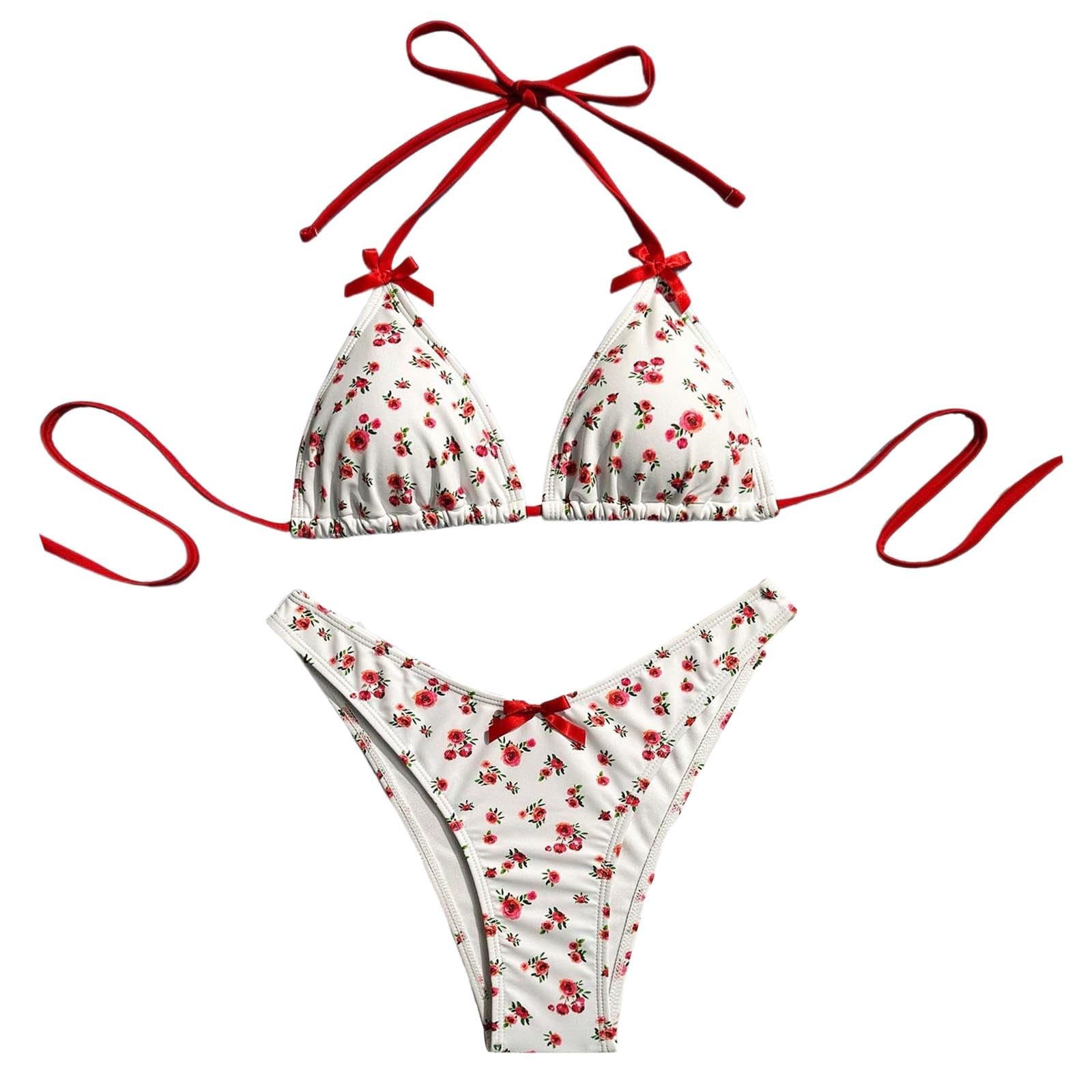 Maillot de bain 2 pièces pour femme - Imprimé cerises - Bikini triangle à nouer sur le côté - Pour l'été, la plage, la piscine, les vacances