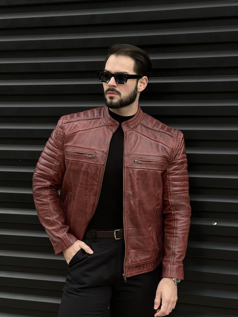 TLC Mens Leather Jacket | Sheepskin Quilted Shoulders Bold Biker Cafe Racer Style Leather Jacket Men - Image 3