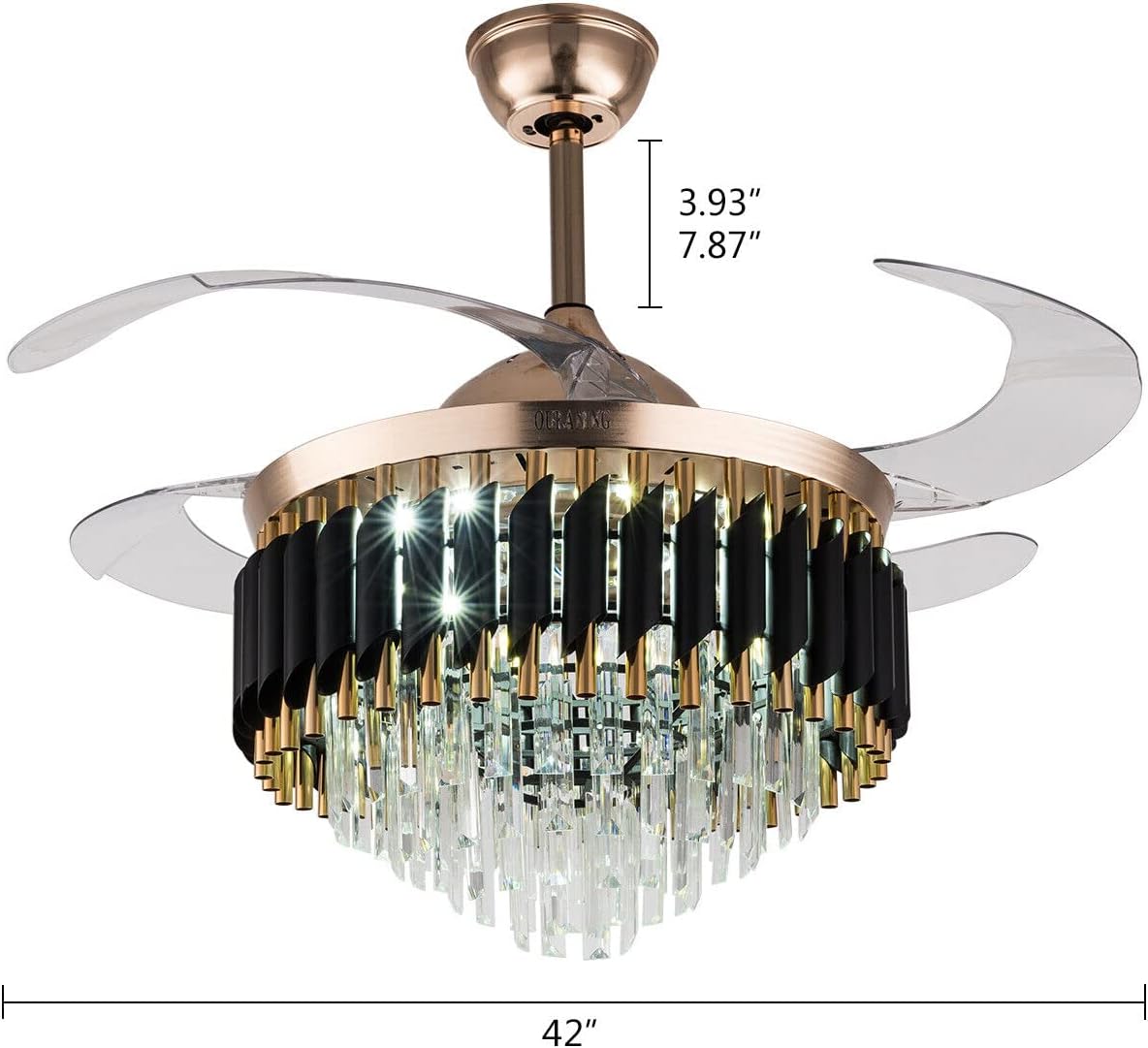 42inch Invisible Ceiling Fan Light, Modern Fan Light Chandelier 3 Color Changes, Retractable Fandelier with 3 Speed Remote Control, Automatic Telescopic Fan Blade for Living Room, Black