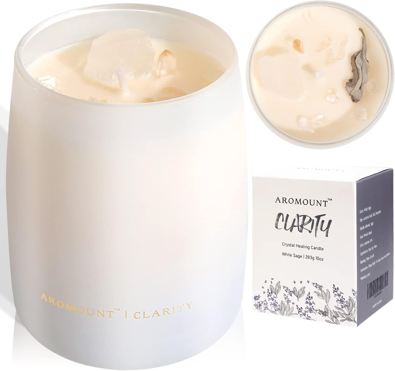 White Sage Scented Candle with Crystal Inside, Healing