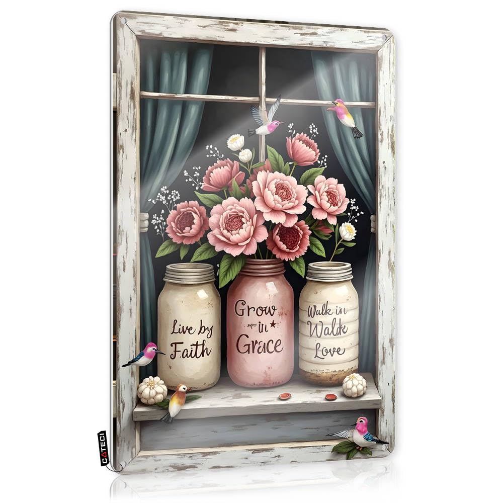 Fzfn Colour Faith, Grace, Love: A Serene Floral Arrangement Sweet Funny Sign | Fun Vintage Style Accessories Outhouse Decoration Easy Hang(30X40cm)