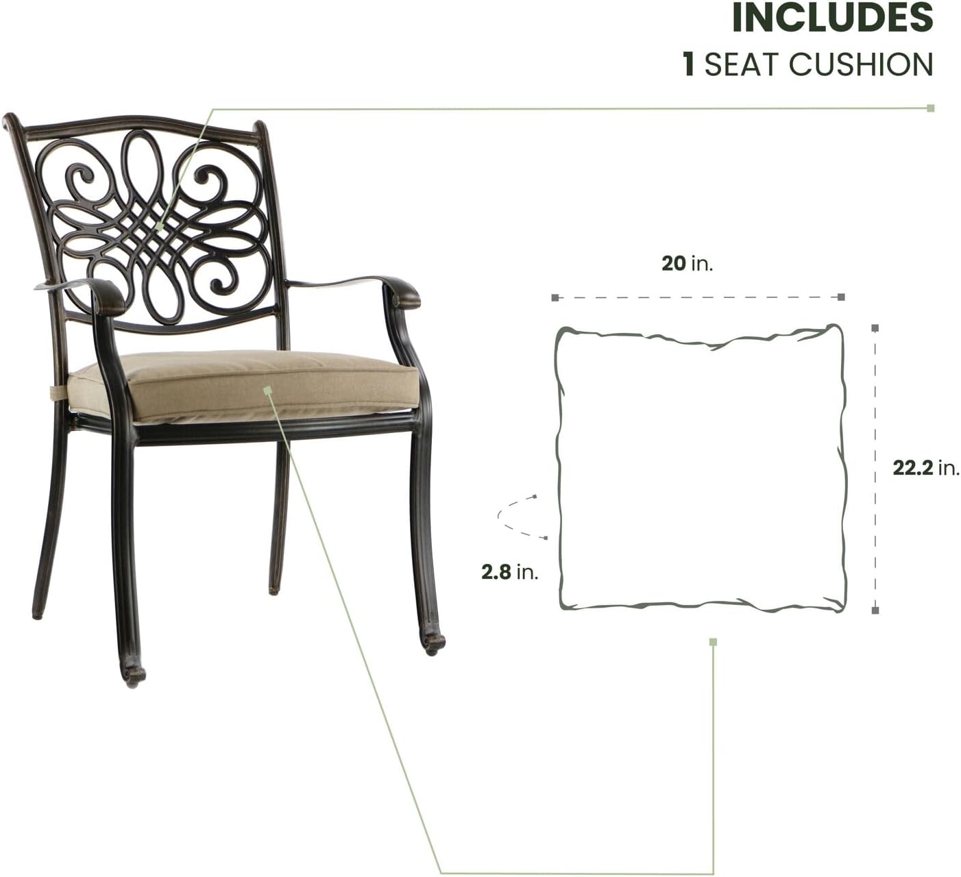 Hanover Replacement Cushion for Traditions Stationary Dining Chairs and Swivel Rockers in Tan, Weather-Resistant Seat Cushion for Outdoor Chair