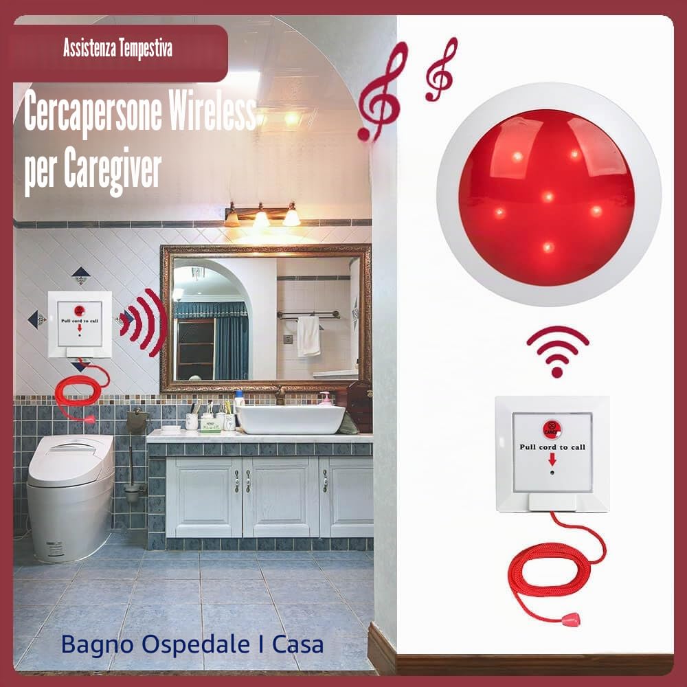 Kit Allarme Bagno Disabili | SOS Bagno, Campanello Emergenza Bagno, Chiamata di Emergenza | Per Bagno/WC/Area Doccia (1x Pulsante a Tirante+1xSuoneria)
