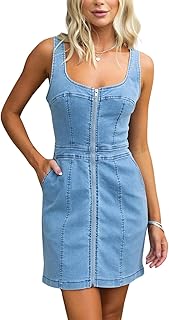 Womens Summer Casual Tank Denim Dress Sleeveless Zipper Front Mini Sexy Jean Dresses with Pockets - Buy now