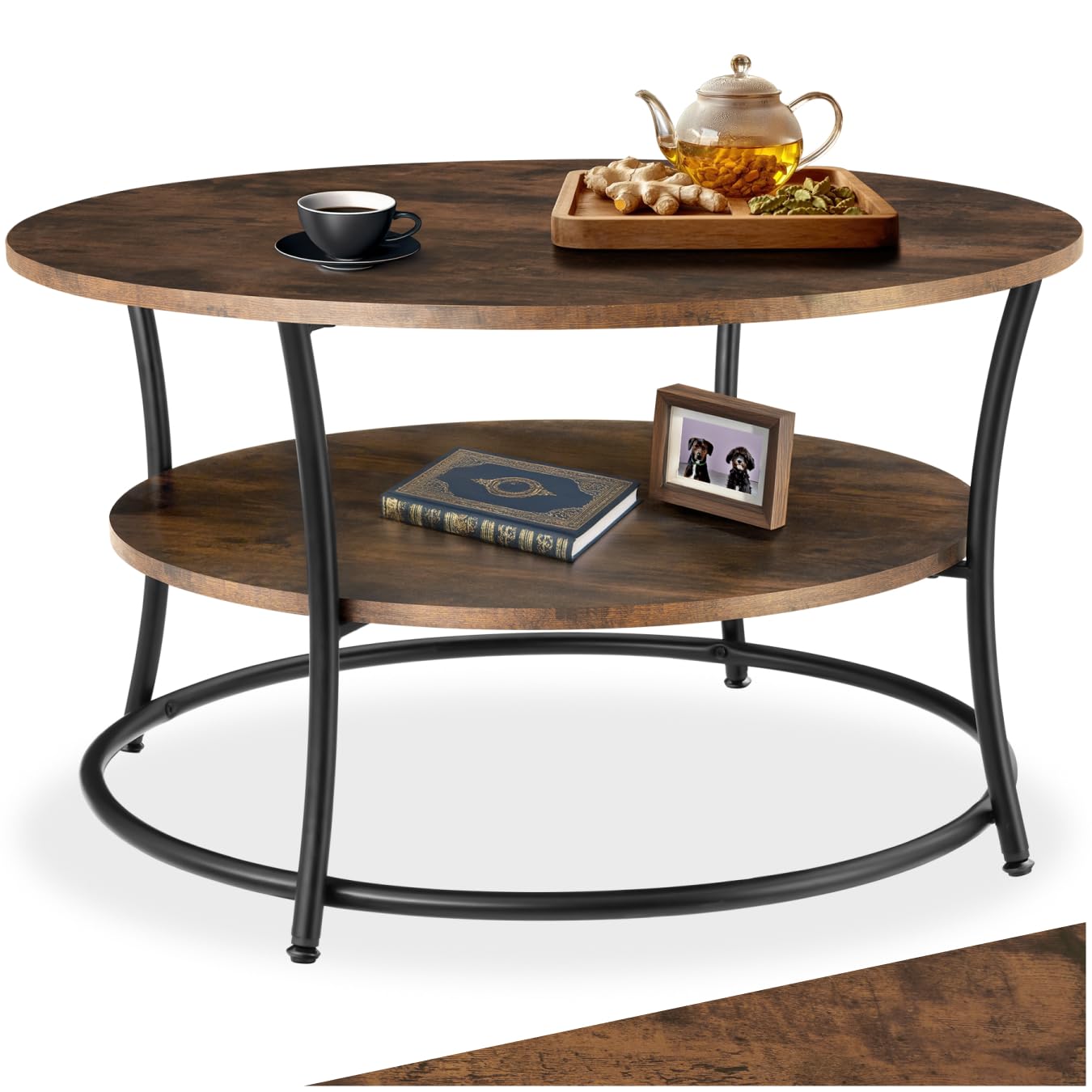tectake® Tisch rund, 2 Ablagen, Wohnzimmertisch Ø 80, Couchtisch mit Stauraum, Beistelltisch Holz und Metall, Coffee Table, Beistelltisch Couch, Wohnzimmer Möbel - Industrial Holz dunkel, rustikal