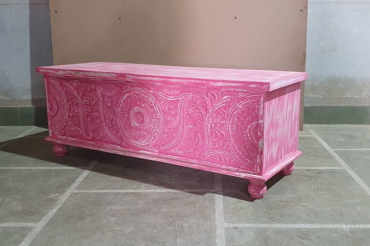 Nazar Art & Craft Solid Mango Wooden Trunk/ Wooden Storage Box for Home Living room/ Multifunction Box in Pink finish-image-8