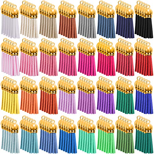 SIQUK 160 Pieces Keychain Tassels Leather Tassel Jewelry Making Tassel Pendants Gold Tassel Charm for Keychain DIY Craft Supplies, 32 Colors (Gold Cap)