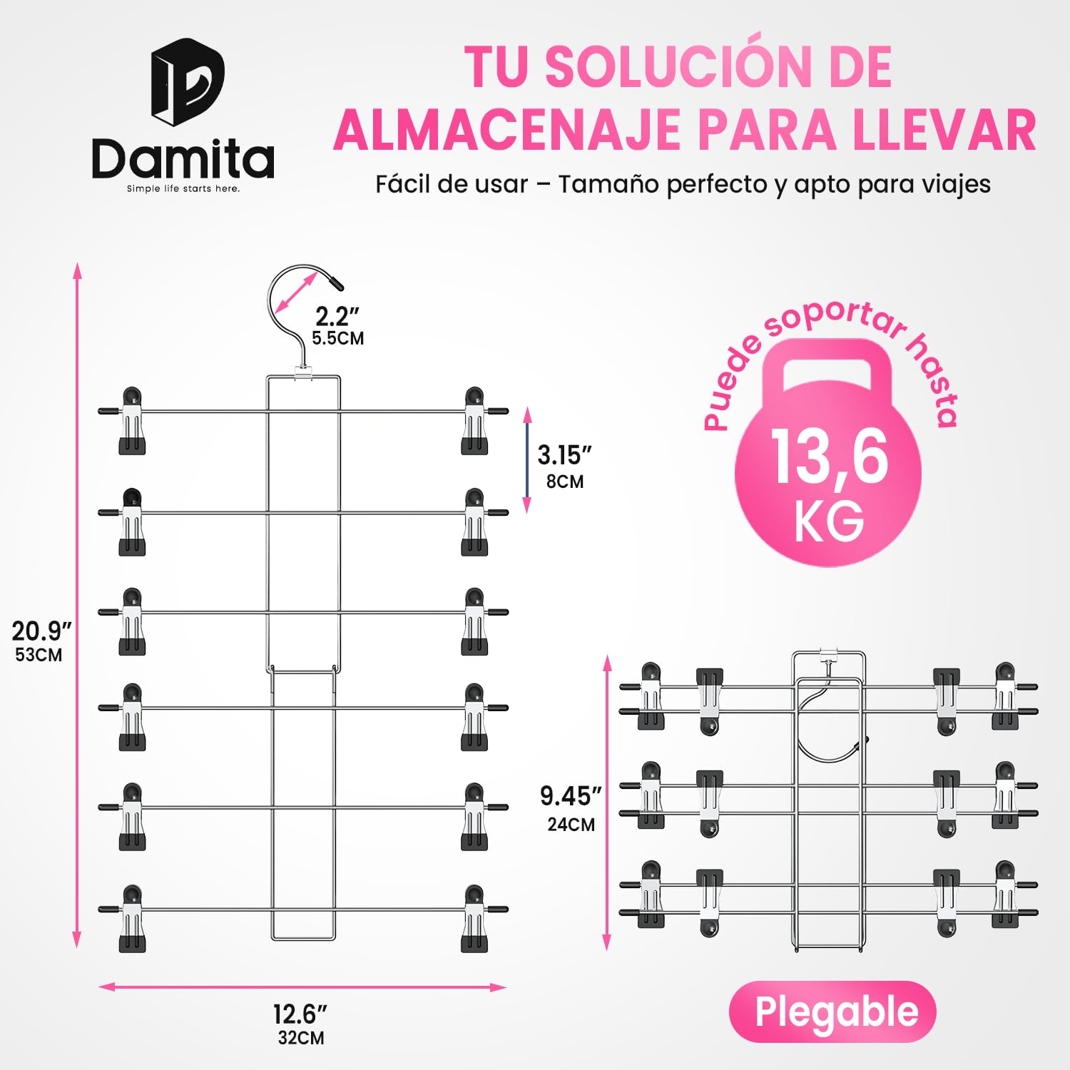 DAMITA Perchas con Pinzas para Faldas y Pantalones Percha Vertical 6 Niveles con Gancho 360° Ahorro de Espacio Diseño Seguro para los Dedos – Dormitorio, Piso o Residencia 1 Unidad