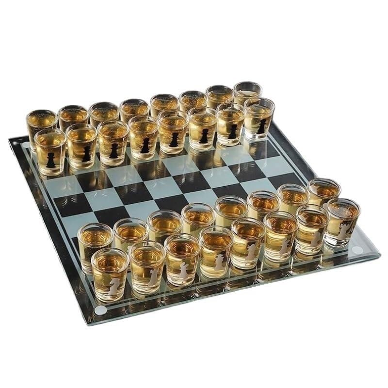 Schachbrett Holz Schachset mit Trinkglas, Brettspiel, Schachbrett mit durchsichtigem Schnapsglas, Trinkspielsets (25 x 25 cm) Schach(35 * 35cm)