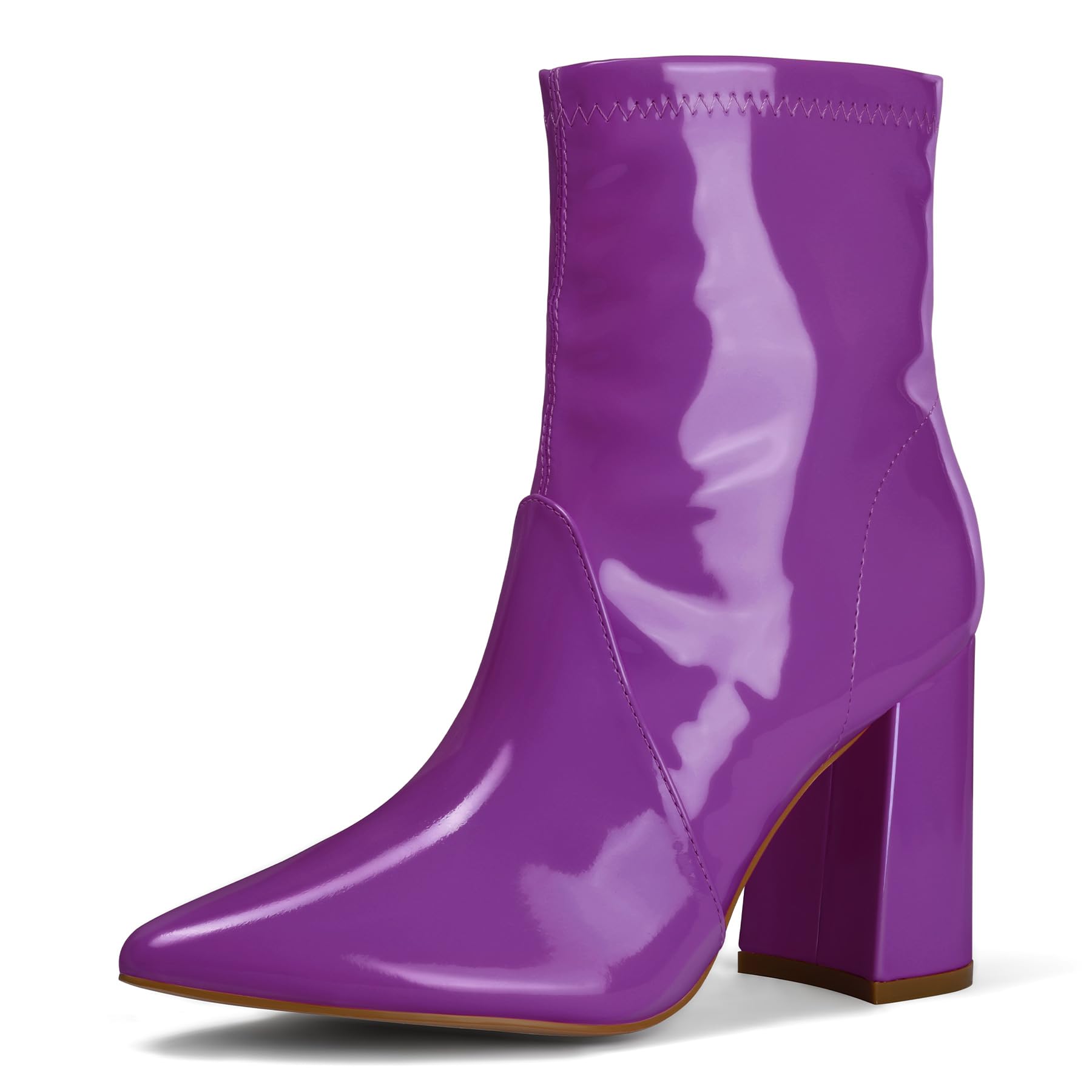 mysoft Women's GoGo Boots Mid Calf Block Heel Ankle Boots Pointed Toe Patent Leather Side Zipper Booties