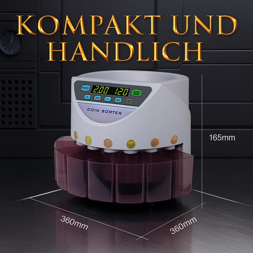 BEITZ BS-9001 | Automatischer Münzzähler & Münzsortierer für EUR | Geldzählmaschine für Kleingeld | Zählt & Sortiert Münzen nach Wert | Elektronischer Münzautomat | Münzzählmaschine mit 8 Münzfächer