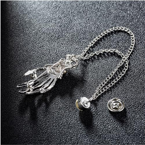Image of Gothic Halloween Skull Hand Brooch Pin for Women Men Punk Vintage Crystal Skeleton Tassel Chain Lapel Pins Dark Skull Brooches Sweater Suit Accessory