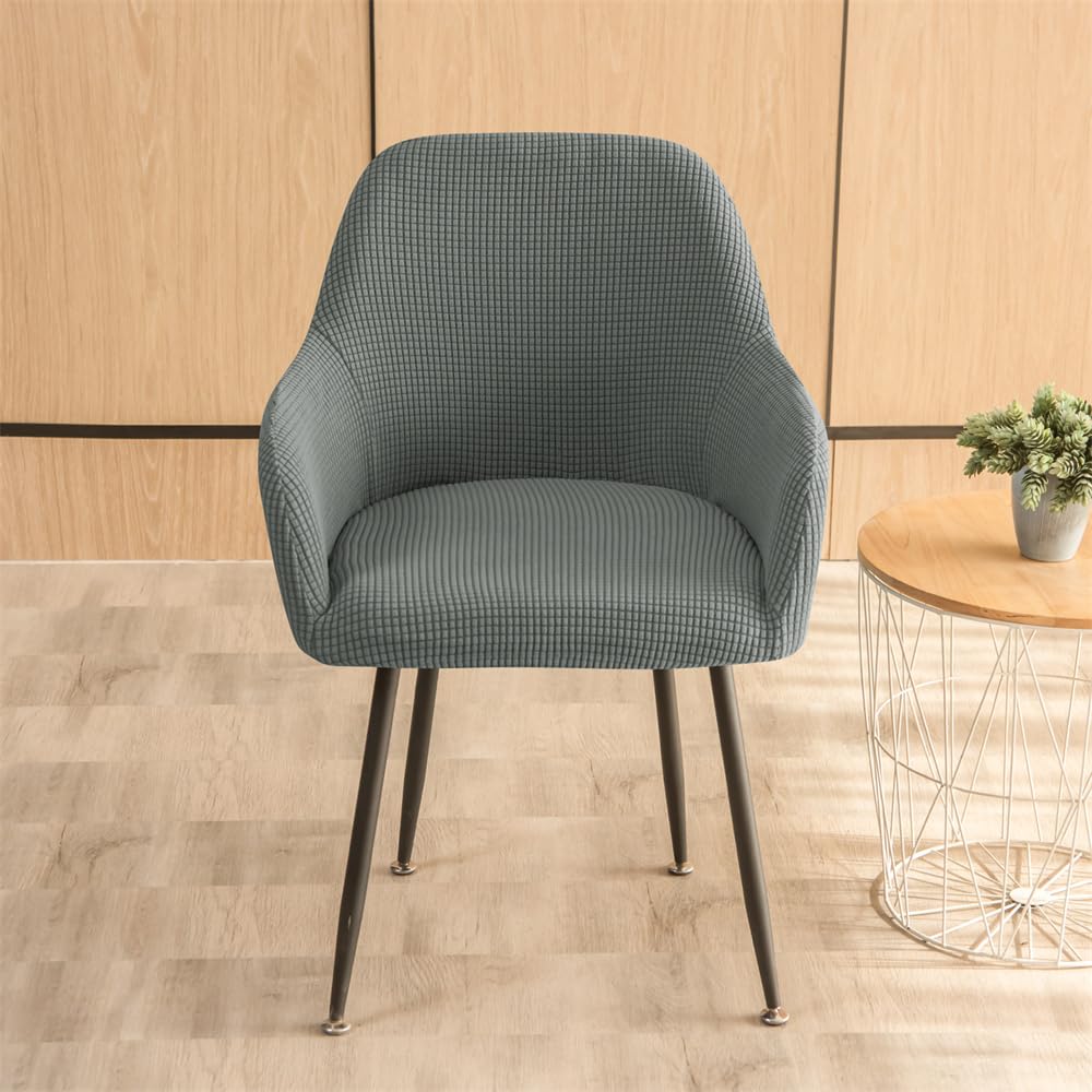 Highdi Fundas para Sillas de Comedor Elástica con Reposabrazos en Jacquard Color Sólido, Funda de Sillón Escandinavo con Respaldo Curvo para Hotel, Cocina, Dormitorio (Gris Oscuro,2 Piezas)