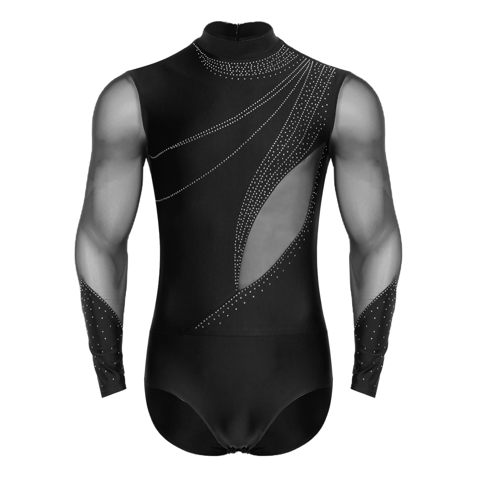 inlzdz Herren Latein Standard Tanzkostüm Hemdbody Langarm Leotard Trikot Glitzer Tanzshirt Oberteil Slim Fit Tanzkleidung