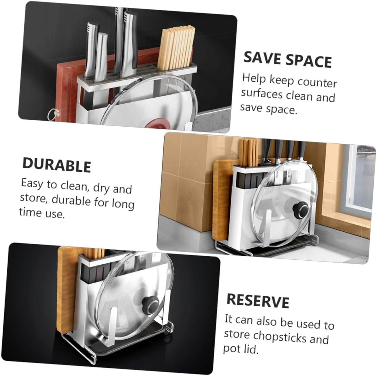 Zerodeko Multi-Functional Knife and Chopstick Holder Rack Cutting Board Storage Stainless Steel Pot Cover Stand for Kitchen Organization