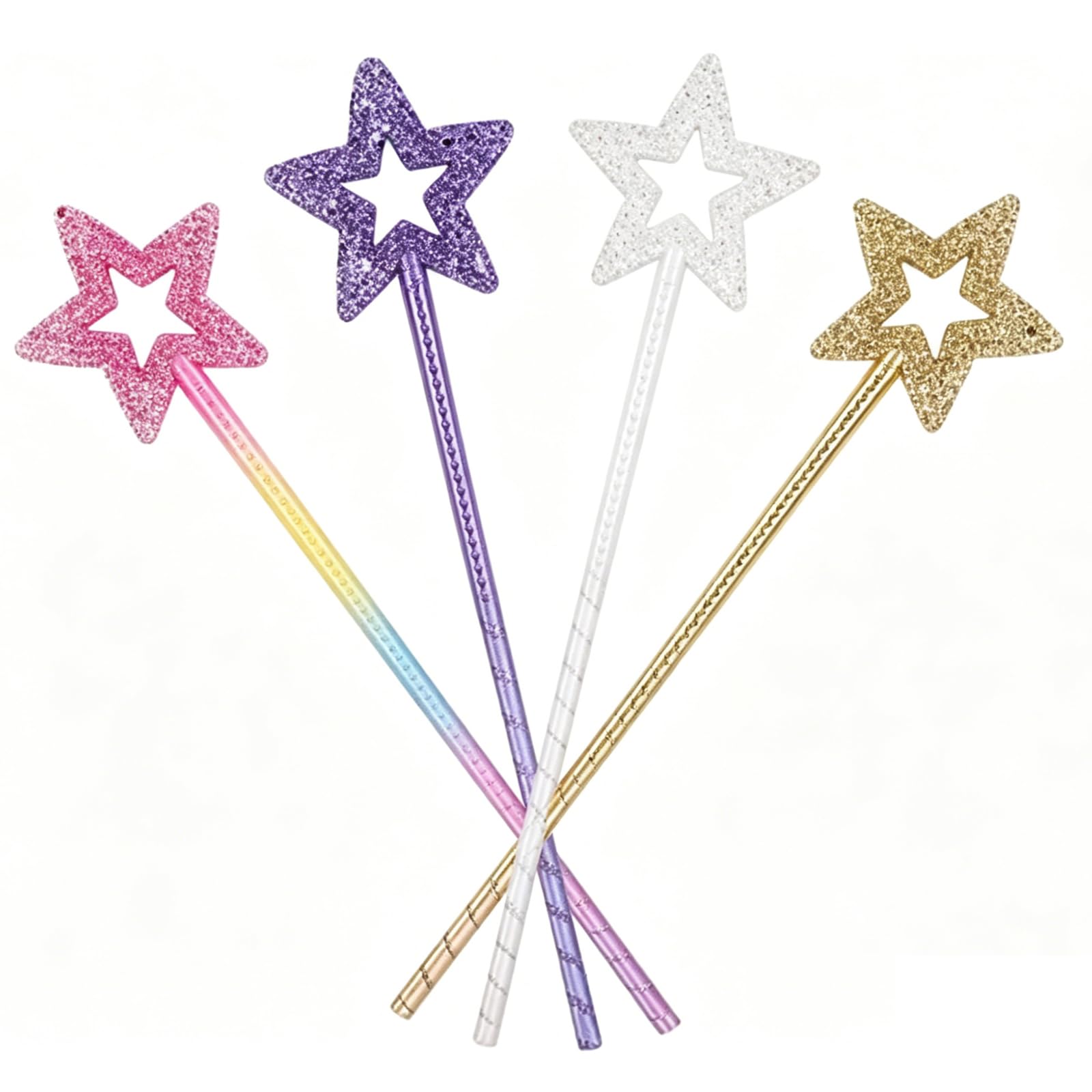 PRVCFZ 4 PCS Fairy Wand and Magic Wands Set, Star Wand and Magic Wand for, Princess Costume Role Play Props, Birthday Halloween Christmas Party Accessories, Gold Silver Color Purple Sparkle Wands