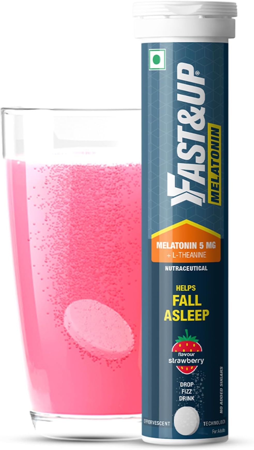 Fast&Up Melatonin with 5 mg Melatonin + 100 mg L-Theanine (20 Effervescent tablets) | Helps fall asleep faster & Wake up refreshed | Fast Acting, 100% Natural, Non-Addictive - Strawberry flavour