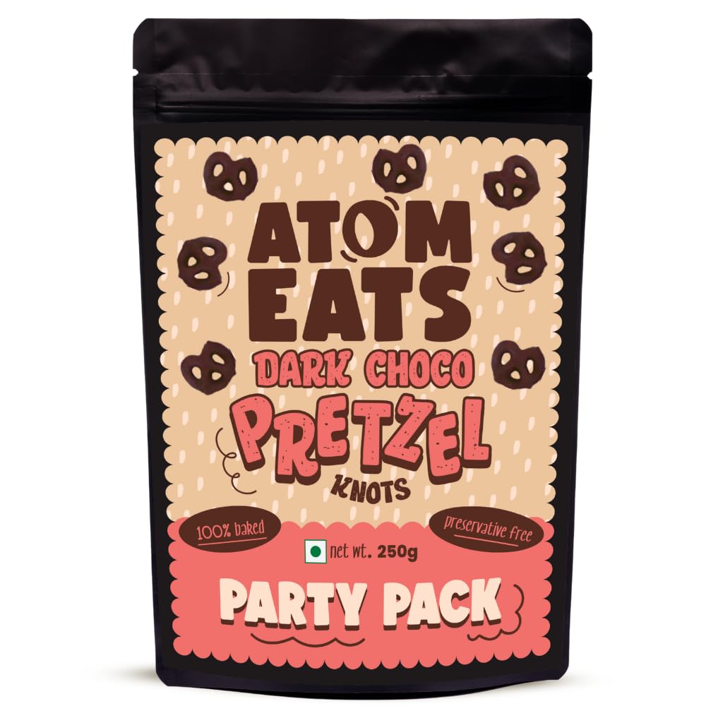 Atom Eats Dark Choco Pretzels Party Pack (250g) | Dark Chocolate Covered Pretzel Knots with Sea Salt | Sweet & Salty Crunchy Snack | Gourmet Treats for Parties, Travel & Anytime Indulgence | Imported Quality