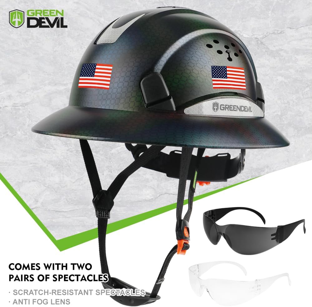 GREEN DEVIL Full Brim Hard Hat Vented Construction Safety Helmet OSHA Approved Cascos De Construccion ABS Work Hardhat for Men&Women 6 Point Adjustable Ratchet Suspension Custom Pattern Design - Image 2