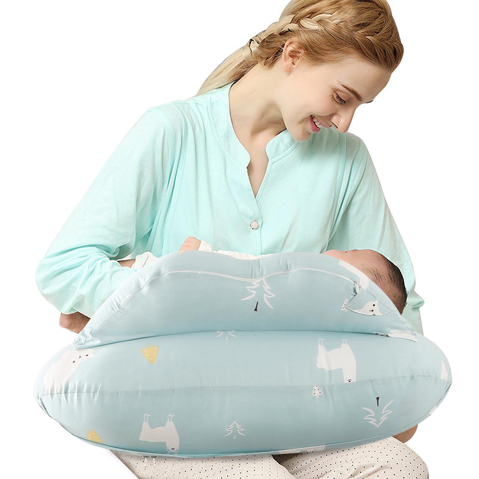 TOPCHANCES Cojín de Lactancia-Multifuncional en Forma de U-Almohada de Lactancia con Funda de Algodón 100% Extraíble y Lavable-Suave y Seguro Madres y Bebés(Oso Blanco Verde,65×55cm)