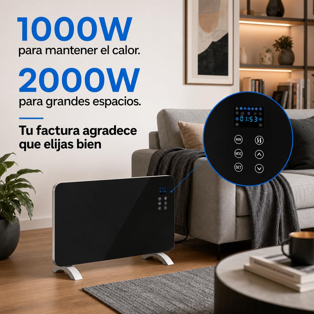 Emisor Térmico de Cristal 2000W, 2 Potencias, IP24, Temporizador, Negro