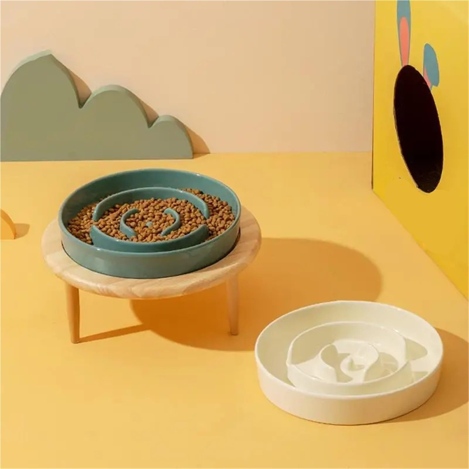 Koty psy zwierzęta miska powolny podajnik antypoślizgowa ceramiczna miska dla psa z drewna podwyższona podstawa artykuły do karmienia nadaje się do mycia w zmywarce (jasnozielona)