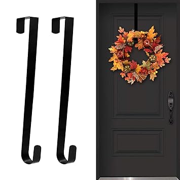 ESFUN 2 Pack Solid Wreath Hanger for Front Door Window Wreath Hooks Holder Over The Door Metal Hook Hangers (Black, 12 inch)