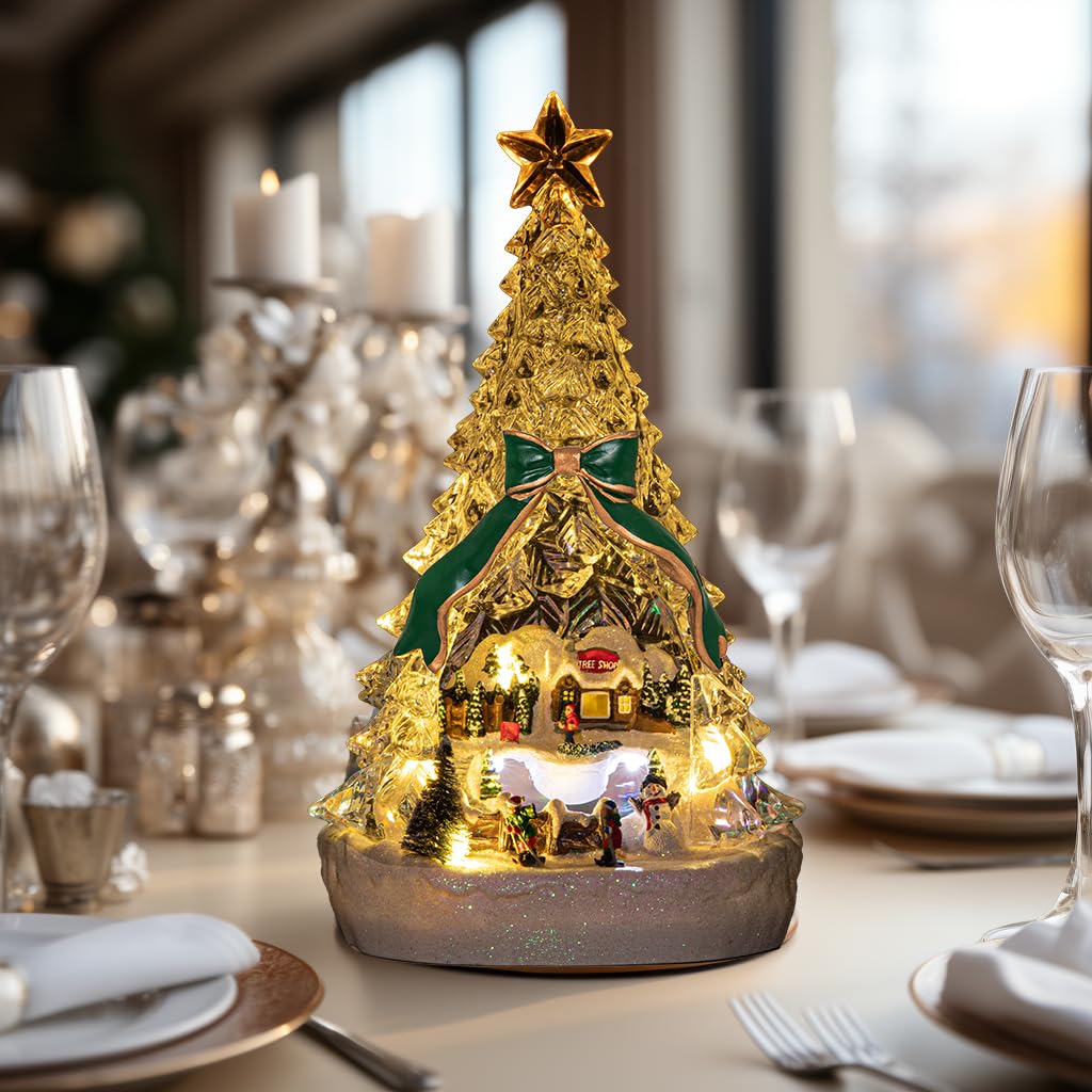 Photo 1 of hvfun 13in Large Christmas Tree Music Box-with Color Changing Light -Battery-Powered Acrylic Festive Winter Centerpiece- Holiday Decor with Lights and Music Green Bow